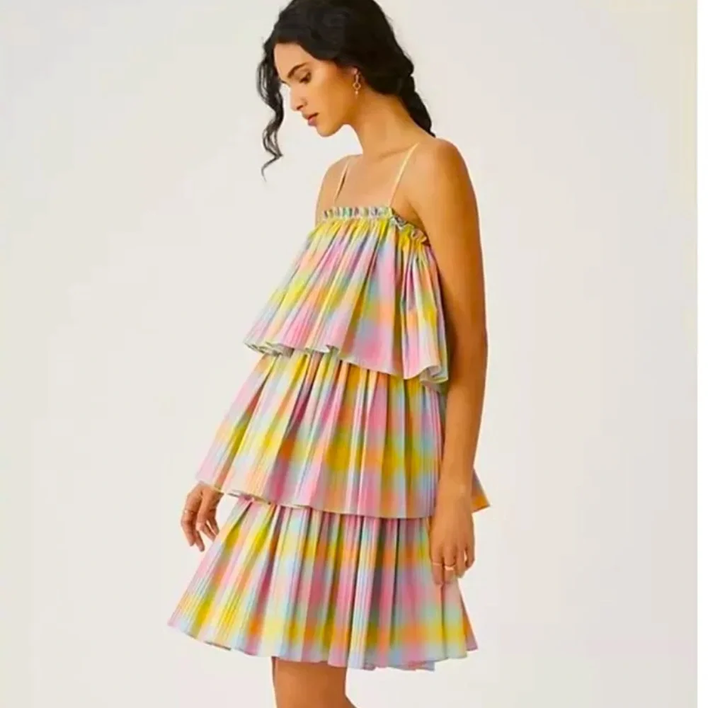 NWT Beatrice B Rainbow Fusion Pleated Square Neck Tiered Dress 4 - Picture 1 of 8